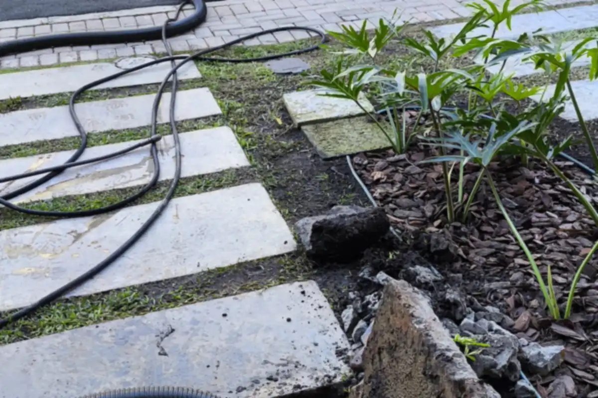 Caixa de esgoto aberta em jardim com bloco de gordura endurecida retirado ao lado