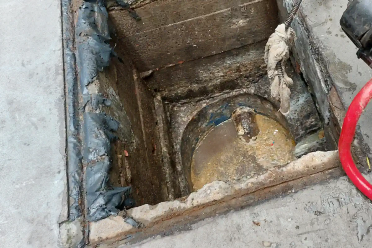 Interior de caixa de gordura aberta com panos presos na mola da máquina e gordura acumulada no fundo