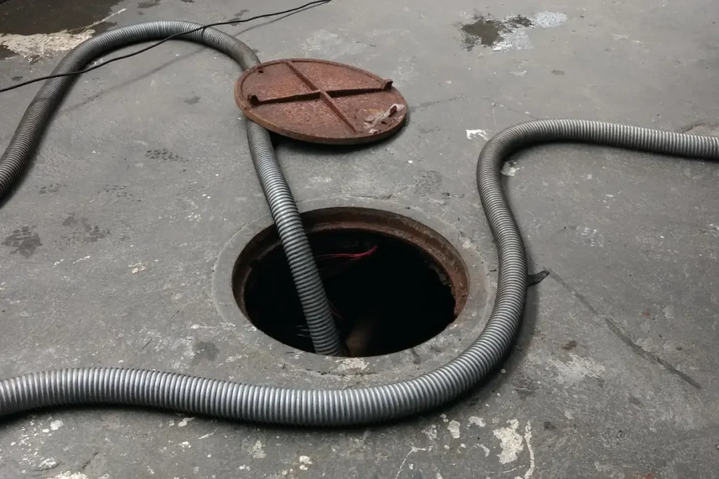 Tampa de ferro enferrujada ao lado de um poço de inspeção aberto, com mangueira de sucção cinza descendo para dentro