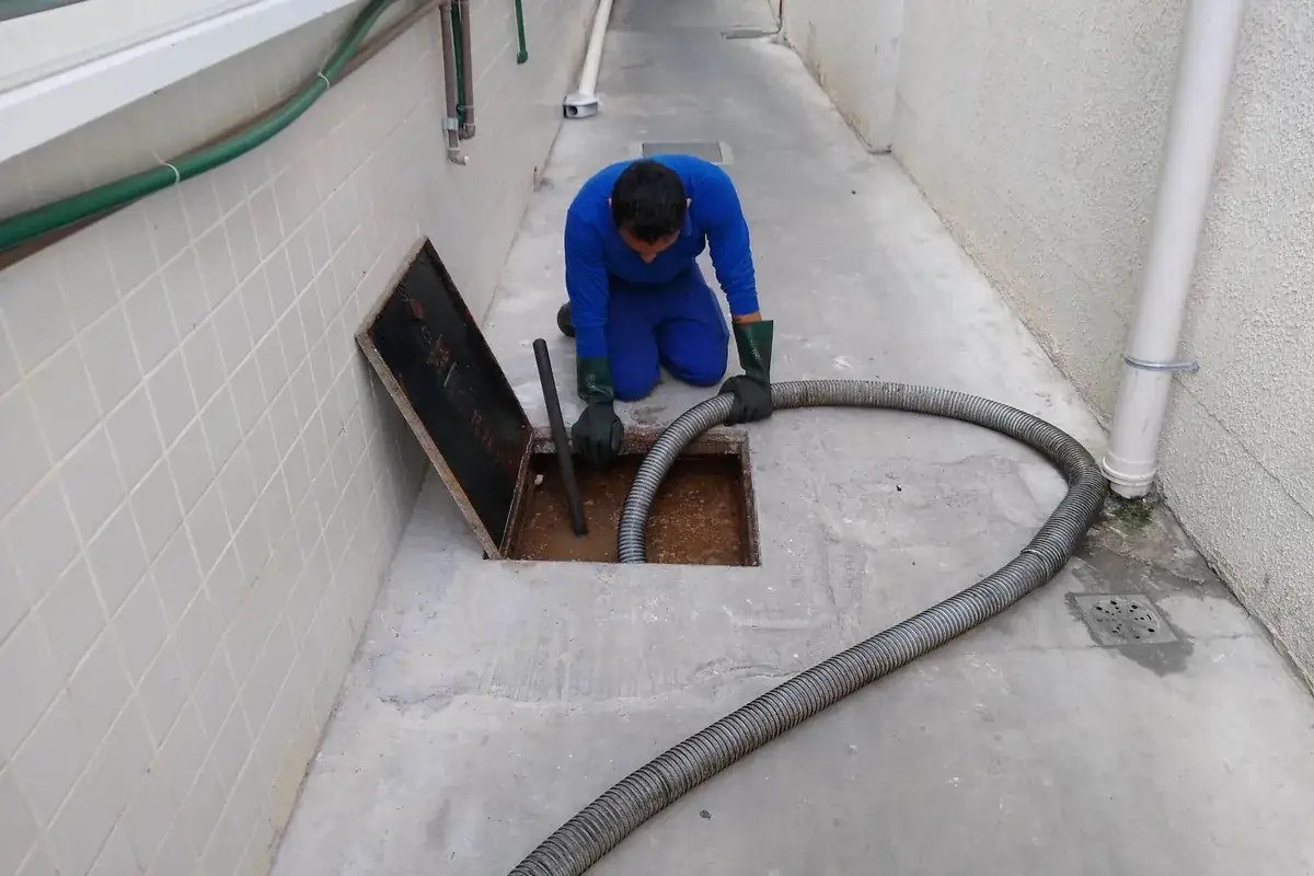 Técnico ajoelhado ao lado de tampa metálica aberta fazendo a limpeza com mangueira de sucção em corredor externo