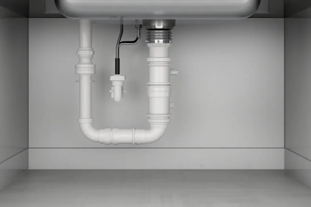 Ilustração do sifão e dos tubos brancos sob uma pia de cozinha de aço inox