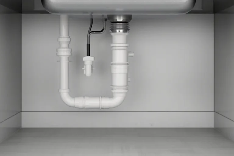 Ilustração do sifão e dos tubos brancos sob uma pia de cozinha de aço inox
