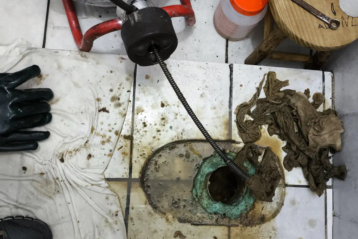 Ralo de piso aberto com mola da máquina e pano preso sendo retirado, ao lado de luvas pretas