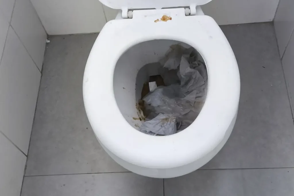 Vaso sanitário entupido com papel e plástico no fundo da bacia